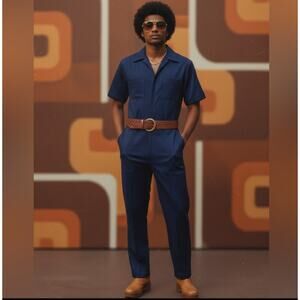 Vintage Navy Blue Utility Short Sleeve Polyester Jumpsuit Coveralls Size 42 Tall